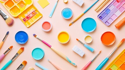 Wall Mural - a vibrant still life arrangement featuring various art supplies such as paintbrushes, palettes, and 