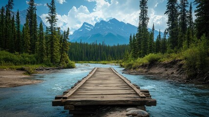 Wall Mural - Lonely wooden bridge spans a river in the wilderness of the mountains, far from any signs of life, tranquil and empty