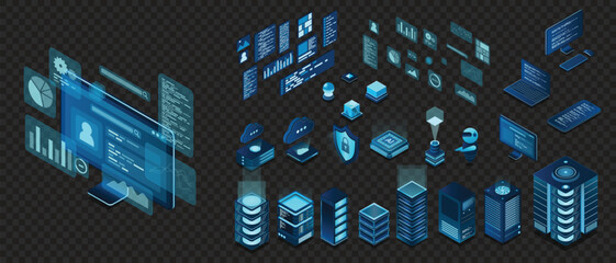 Poster - Set of isometric computer technology. Isometric set server equipment. Technology isometric icons. Digital technology items. Vector illustration