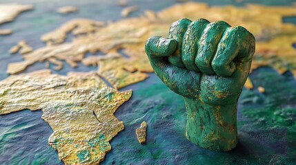 A green fist raised over a world map.