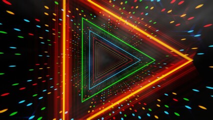 Wall Mural - Futuristic glowing triangular tunnel with colorful dots on a dark background.