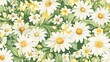 © Kultawatch - Vintage luxury seamless pattern of watercolor chamomile flowers, with warm yellow and pristine white blooms nestled among soft green leaves, evoking a sense of timeless elegance