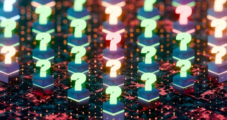 Poster - Glowing Question Marks on Circuit Board Background Representing Digital Innovation and Problem Solving