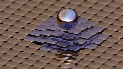 Aufkleber - Metallic Sphere on Textured Tile Surface Reflecting Light in a Futuristic Design