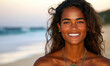 © Peter - Charming Young Woman with Freckles and Curly Hair Smiling in Golden Beach Light, Close-Up Shot Capturing Her Natural Beauty