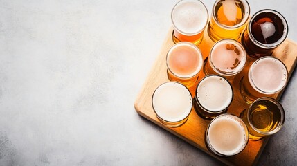 A close-up view of a wooden beer tasting board with various craft beers poured into small glasses, placed on a light solid color background