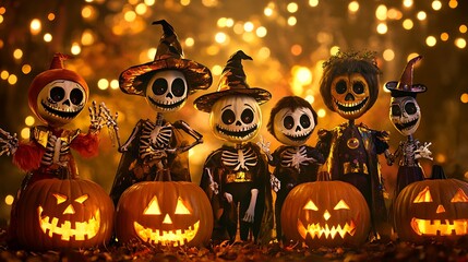 Festive Family Fun: Diverse Halloween Costumes Against a Spooky Pumpkin Background