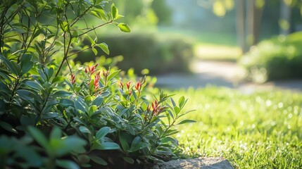  A tight shot of a bush filled with red blooms in front, contrasting with a background of a sidewalk and adjacent grass and bushes