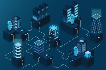 Fototapete - 3d isometric concept big data center with server. cloud computing. network mainframe infrastructure.