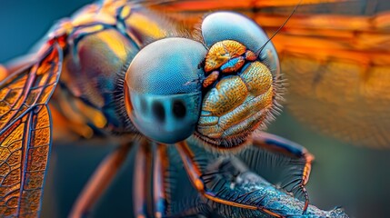  A close-up of a blue and yellow dragonfly on a piece of glass with its eyes shut