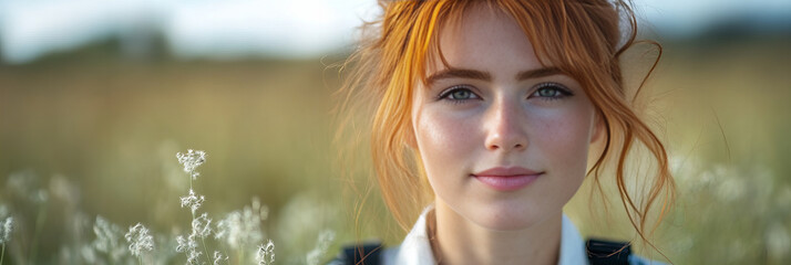 Portrait of a serene young woman with red hair in a white floral field.