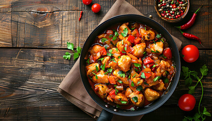 Poster - Delicious chicken curry in pan on wooden table, top view