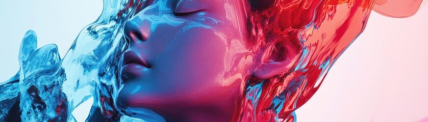 Poster - Abstract portrait of a serene face immersed in vibrant colors, blending water and art for a captivating visual experience.