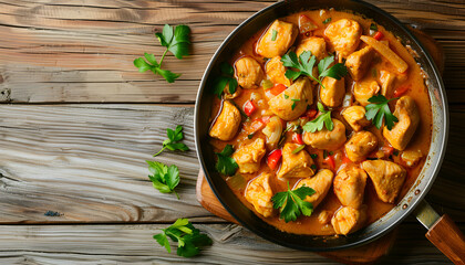 Canvas Print - Delicious chicken curry in pan on wooden table, top view