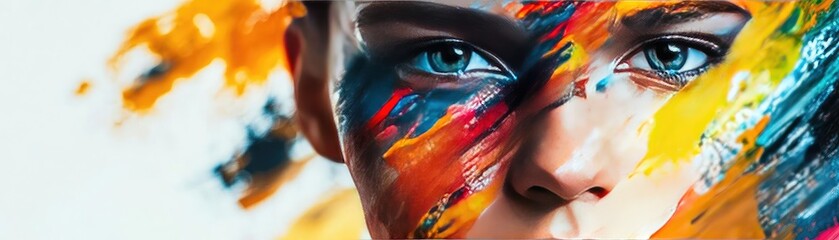 Poster - A close-up portrait of a person with vibrant paint on their face, showcasing artistry and creativity against a bright background.