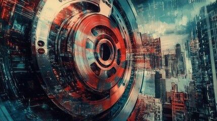 Aufkleber - Futuristic design featuring a metallic circular element amidst an urban landscape, merging technology with city life.
