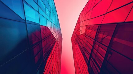 Aufkleber - Vibrant abstract view of modern buildings with colorful glass facades reflecting light and creating a striking visual effect.