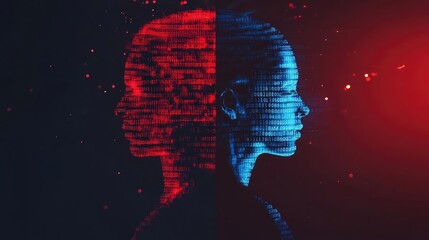 Poster - A striking digital art portrait showcasing contrasting profiles in red and blue hues, symbolizing duality and technology.