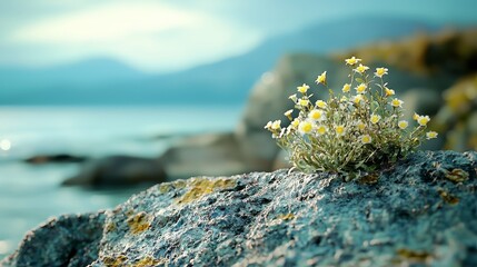 Canvas Print -  A tight shot of a rock adorned with blooming flowers, water visible in the background