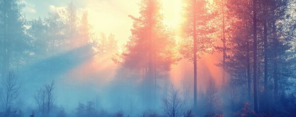 Poster - A serene forest scene at dawn, with soft sunlight filtering through misty trees, creating a tranquil and mystical atmosphere.