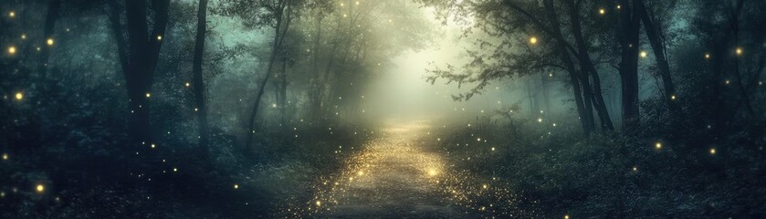 Poster - A serene forest path illuminated by delicate lights, creating a mystical atmosphere full of enchantment and tranquility.