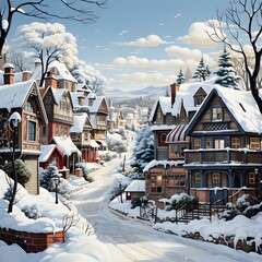 Wall Mural - Panoramic view of the snow-covered city of Alsace, France