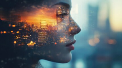 Poster - A serene profile of a woman with a cityscape and sunset reflected in her face, blending beauty and urban life.