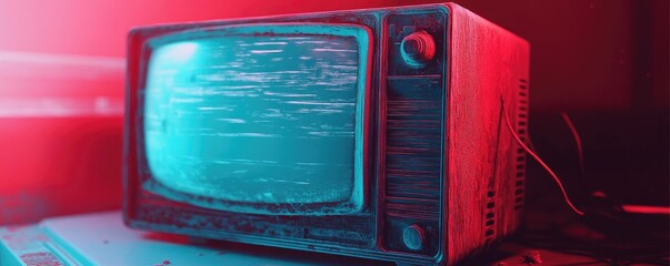 Poster - An old retro television set with static screen, illuminated by vibrant neon lights, adding a nostalgic and artistic touch.