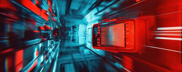 Poster - Dynamic abstract composition featuring vivid red and blue light streaks creating a sense of movement and futuristic technology.