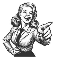 Wall Mural - Businesswoman confident woman in vintage style suit pointing forward, sketch engraving generative ai fictional character raster illustration. Scratch board imitation. Black and white image.