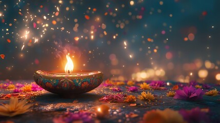 Wall Mural - A vibrant diya surrounded by colorful flowers, symbolizing celebration and light.