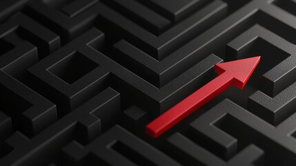 Black maze with red arrow, symbol of problem-solving and direction, 3D illustration