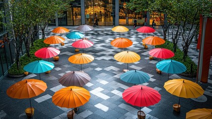 Wall Mural - Colorful Umbrellas Arranged in a Checkerboard Pattern on a Wet Patio