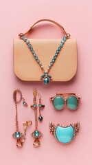 Wall Mural - a stylish flat lay of fashion accessories including jewelry and handbags against a light solid color