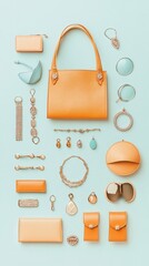 Wall Mural - a stylish flat lay of fashion accessories including jewelry and handbags against a light solid color