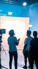 Wall Mural - A film crew discussing shot composition in a studio with vibrant light solid color backdrop