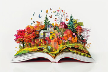  Enchanting open book with a detailed pop-up autumn landscape, symbolizing the magic of storytelling