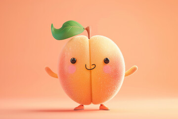  Adorable digital illustration of a peach character split in half with a smiling face, promoting healthy eating