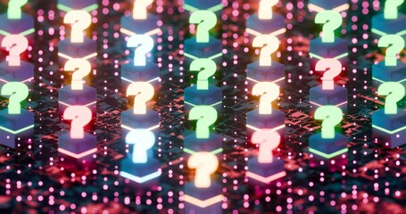 Poster - Glowing Question Marks on Circuit Board Background Representing Digital Innovation and Problem Solving