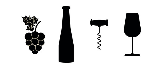 Silhouette of wine bottle, glass, grapes and corkscrew. Vector illustration of wine set, icons