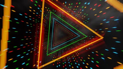 Poster - Futuristic glowing triangular tunnel with colorful dots on a dark background
