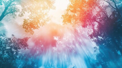 Poster - A beautiful forest scene illuminated by colorful light shining through the trees, creating a serene and vibrant atmosphere.