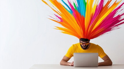 Poster - A man with a colorful headdress is sitting at a table with a laptop. Concept of creativity and individuality, as the man's unique appearance contrasts with the more traditional setting of a laptop