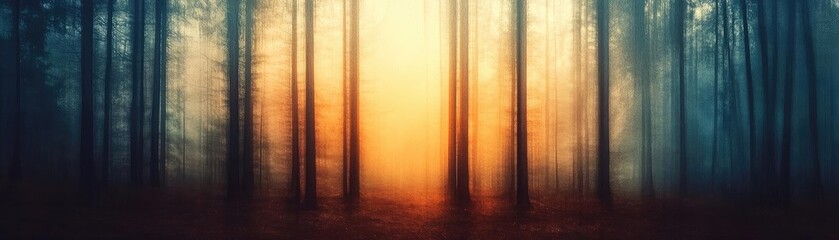 Poster - a serene forest scene illuminated by warm light, creating a mystical atmosphere among the tall trees