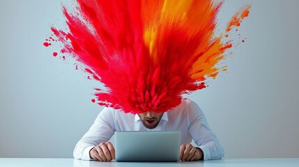 Poster - A man is sitting at a desk with a laptop in front of him. He has a red and orange explosion on his head, which gives the impression of a creative and energetic mood