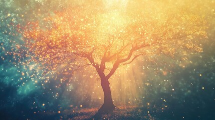 Poster - A mystical tree illuminated by soft lights and glowing particles, creating a serene and enchanting atmosphere.