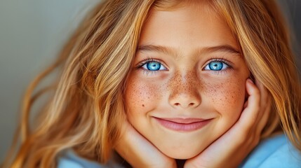 Canvas Print - A young girl with blue eyes and blonde hair is smiling. She is wearing a white shirt and is holding her hands together