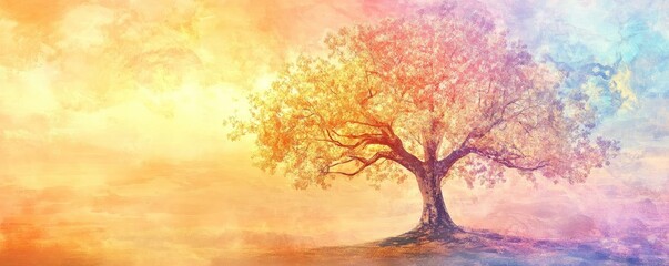 Poster - A vibrant tree against a colorful pastel background, symbolizing life, growth, and serenity in nature's beauty.