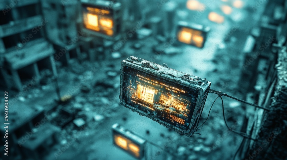 Several digital screens hover over a desolate, post-apocalyptic ...