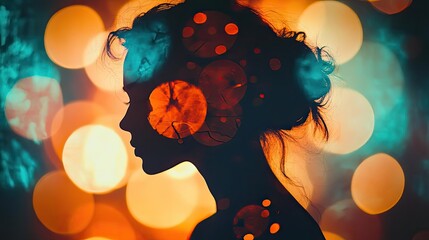 Poster - Silhouette of a woman against vibrant, colorful bokeh lights, creating a dreamy and artistic atmosphere.